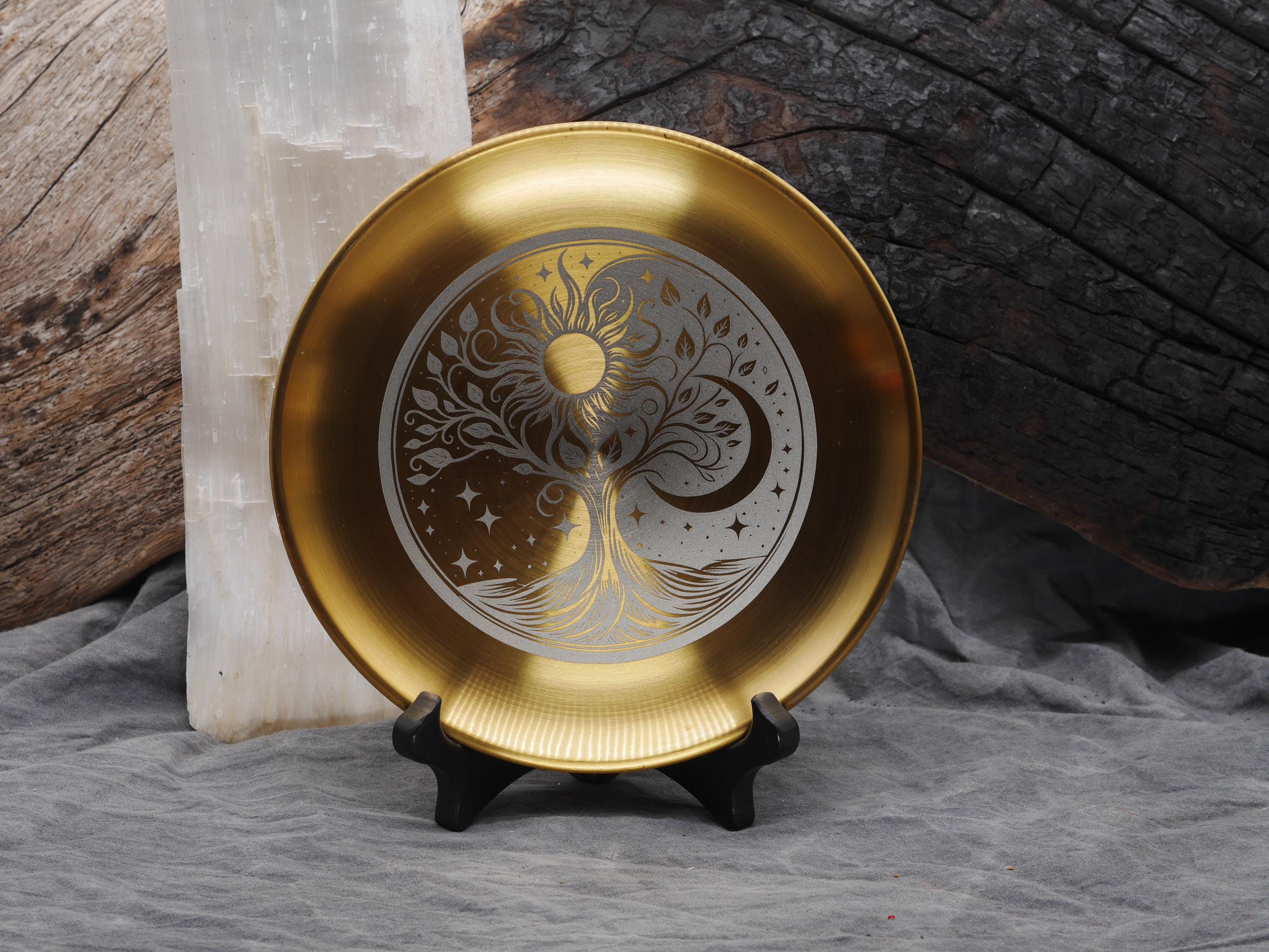 Gold Tone Bohemian Tree of Life with Sun and Moon Stainless Steel Altar Tray