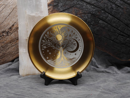 Gold Tone Bohemian Tree of Life with Sun and Moon Stainless Steel Altar Tray