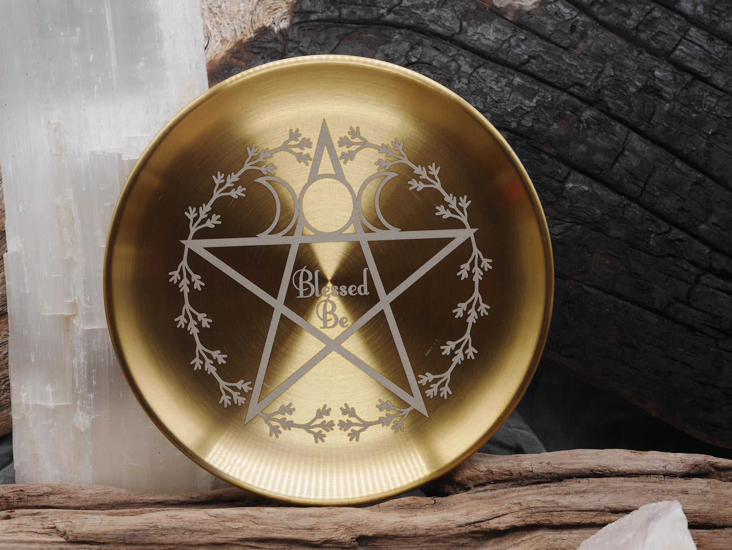 Gold Tone Blessed Be with Pentagram and Wreath Stainless Steel Altar Tray
