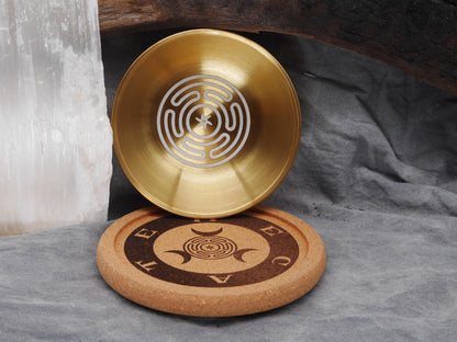 Gold Tone Hecate Mini Altar Set - Offering / Candle Bowl and Cork Tray