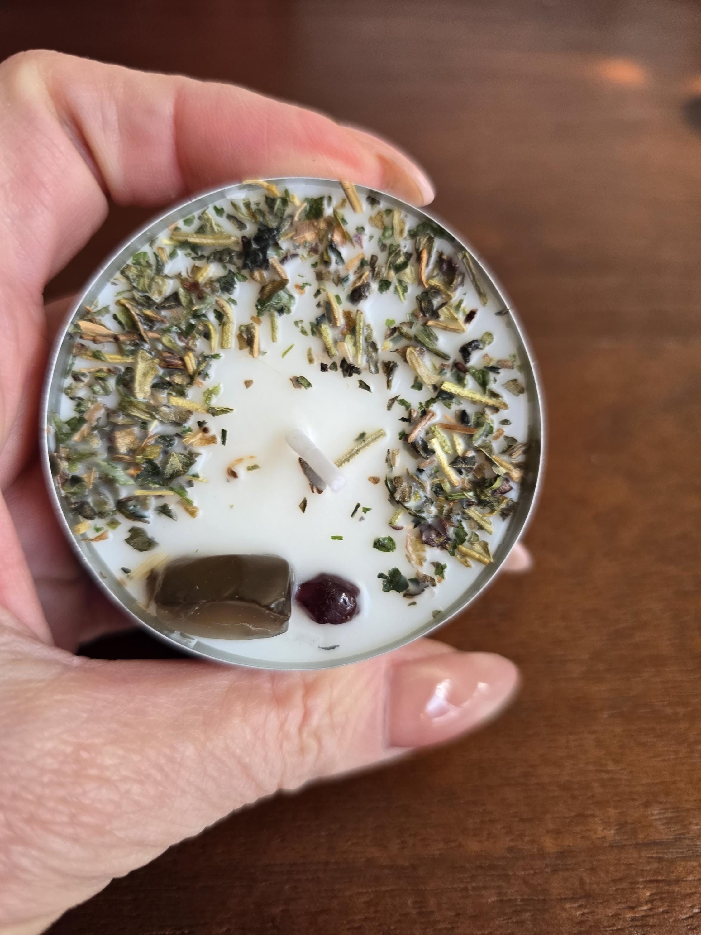 JUMBO Intention Tea Lights | Dressed Ritual Candles with Herbs &amp; Crystals