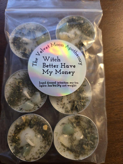 Handcrafted Intention Tea Lights | Dressed Ritual Candles with Herbs &amp; Crystals,Love, Protection, Money, Spellwork
