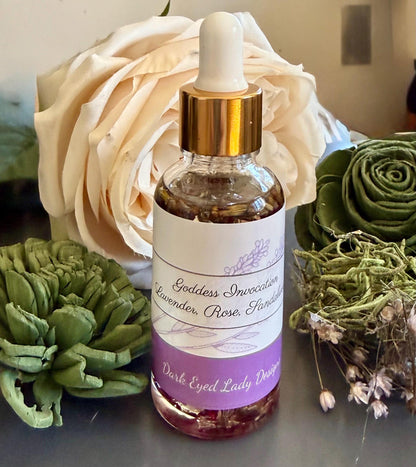 Goddess Invocation Ritual Anointing Oil with Essential Oils, Dried Rose and Lavender Petals.