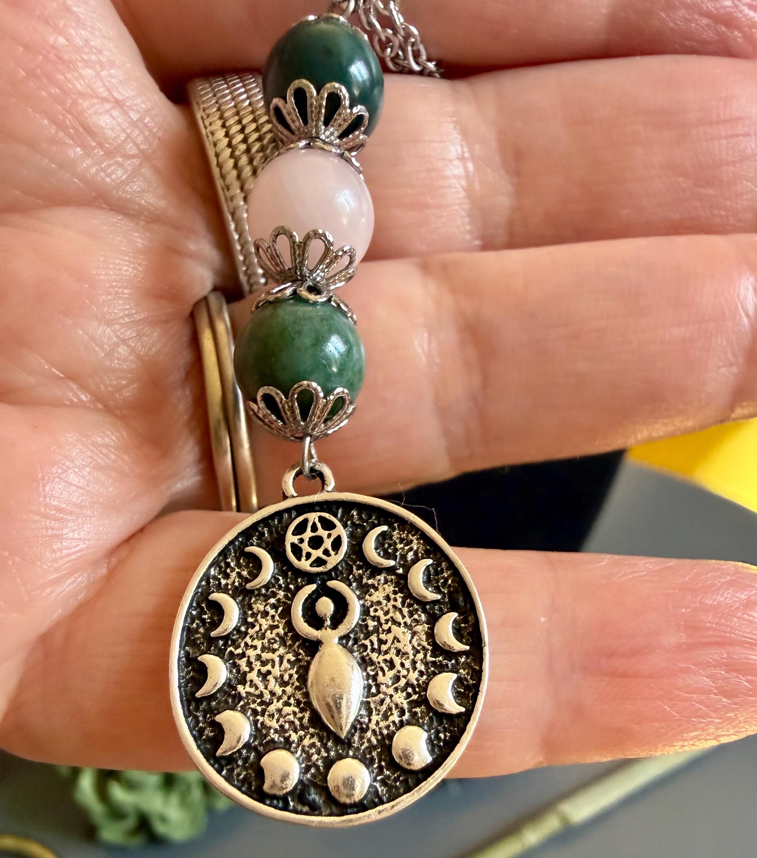 Ostara Goddess Pendant Necklace with Moss Agate and Rose Quartz Beads.