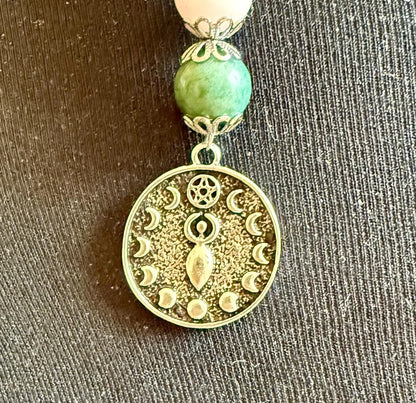 Ostara Goddess Pendant Necklace with Moss Agate and Rose Quartz Beads.