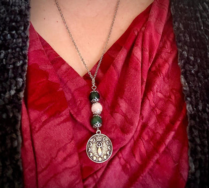 Ostara Goddess Pendant Necklace with Moss Agate and Rose Quartz Beads.