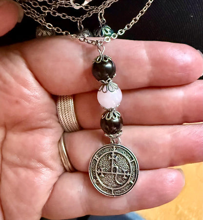 Lilith Sigil Necklace with Garnet, Rose Quartz, and Obsidian Beads.