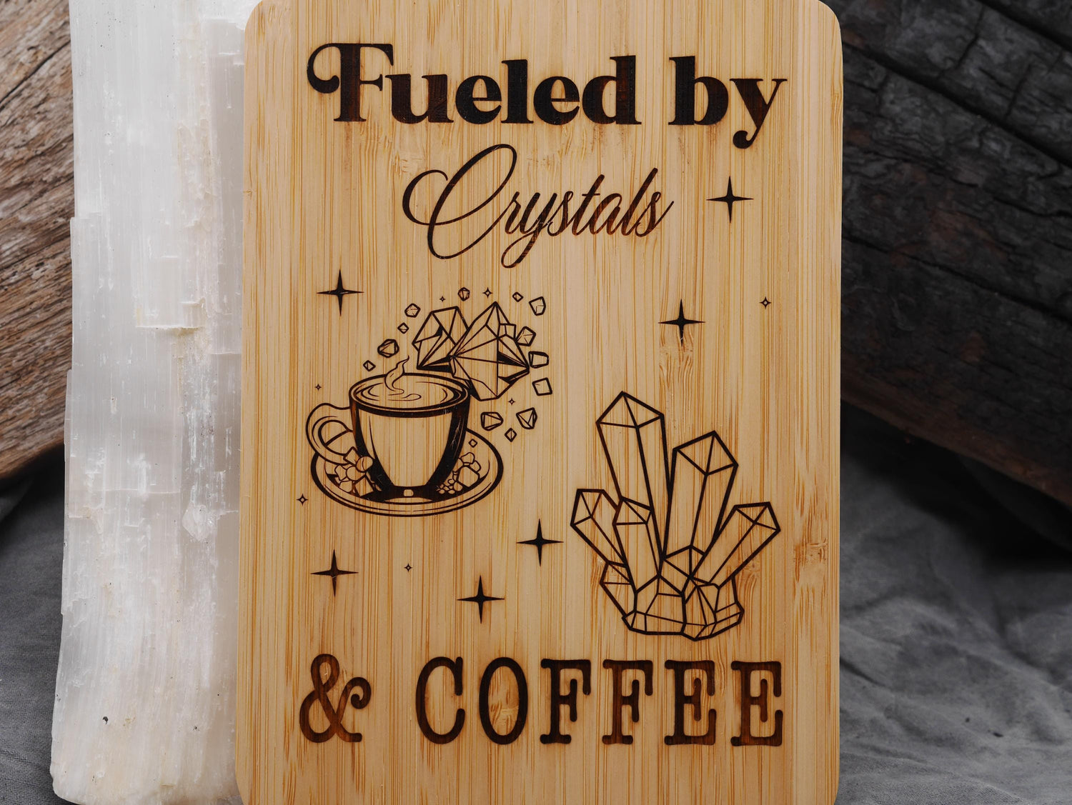 Fueled by Crystals and Coffee - Small Bamboo Cutting Board - Witchy Decor