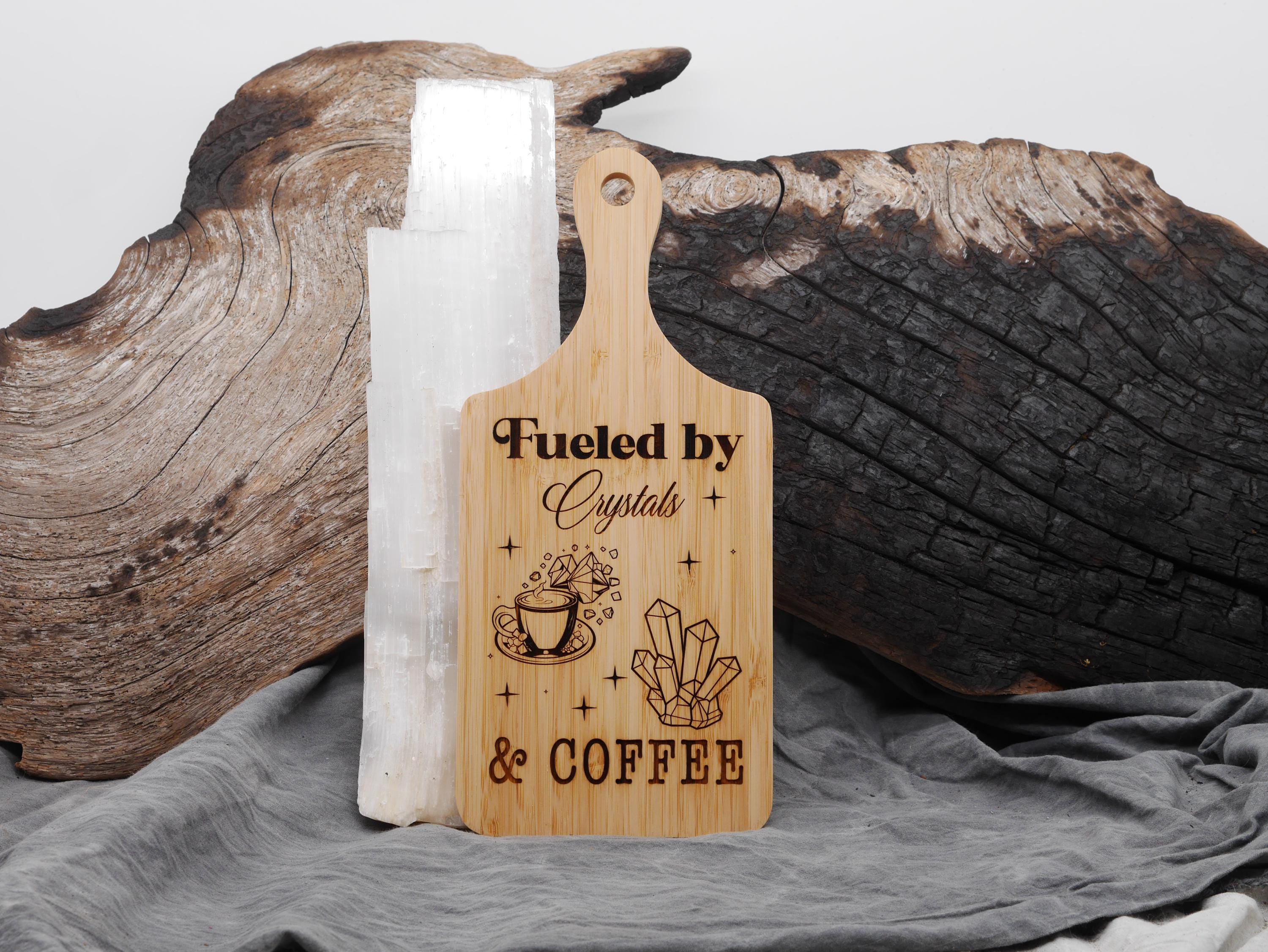Fueled by Crystals and Coffee - Small Bamboo Cutting Board - Witchy Decor