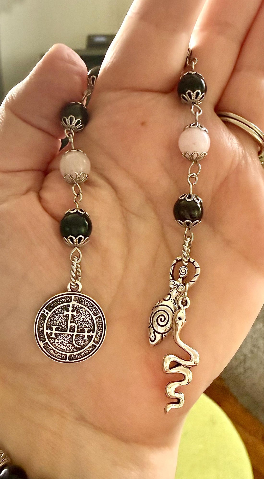 Goddess Lilith Sigil Devotional Prayer Beads:  Garnet, Obsidian, Rose Quartz Gemstones and  Snake Charm.
