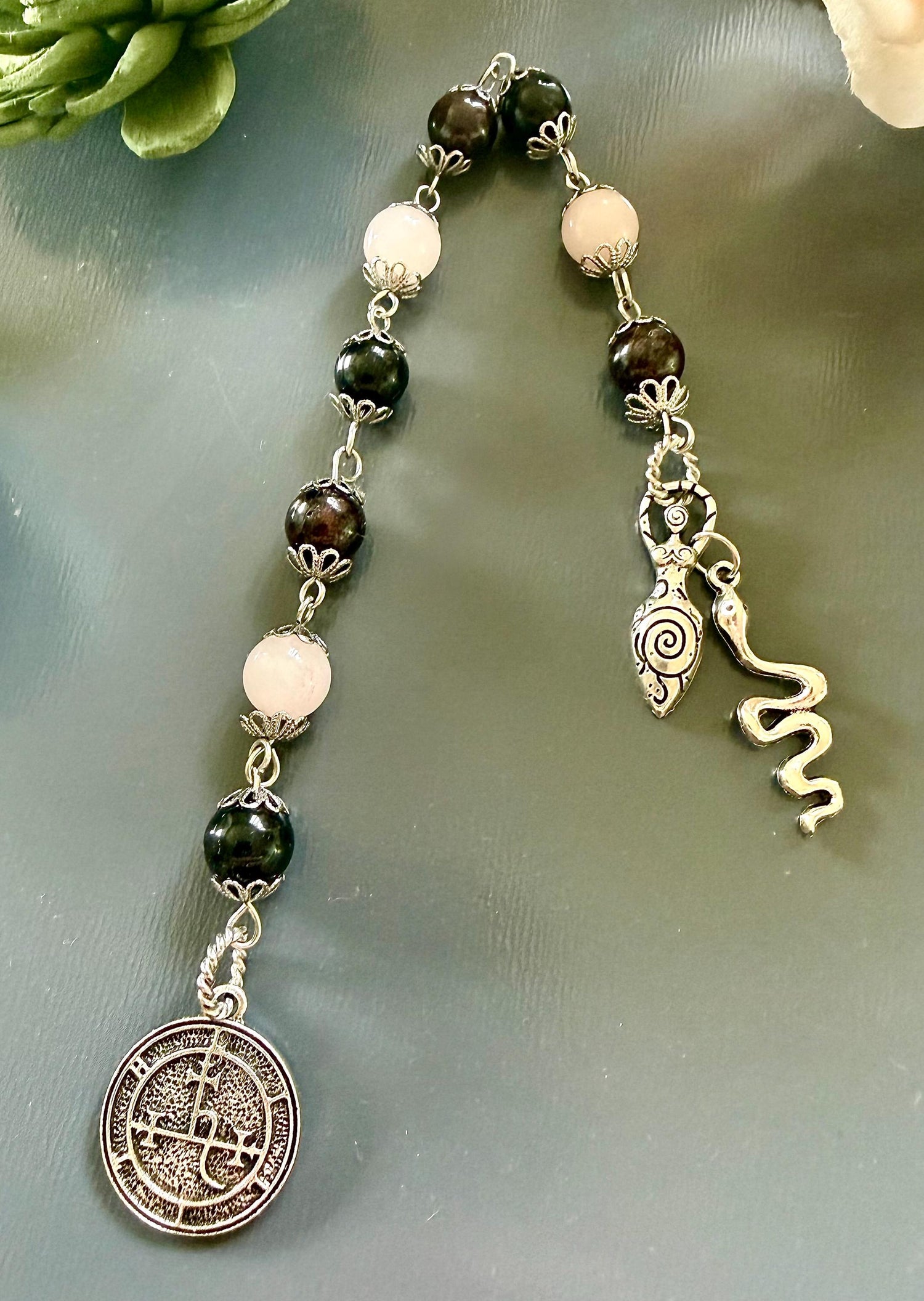 Goddess Lilith Sigil Devotional Prayer Beads:  Garnet, Obsidian, Rose Quartz Gemstones and  Snake Charm.