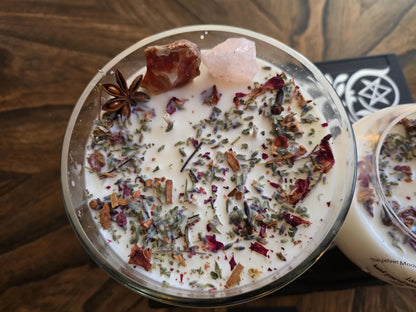 Love Attraction Intention Candle: Rose Quartz, Carnelian, Herbs, Flowers