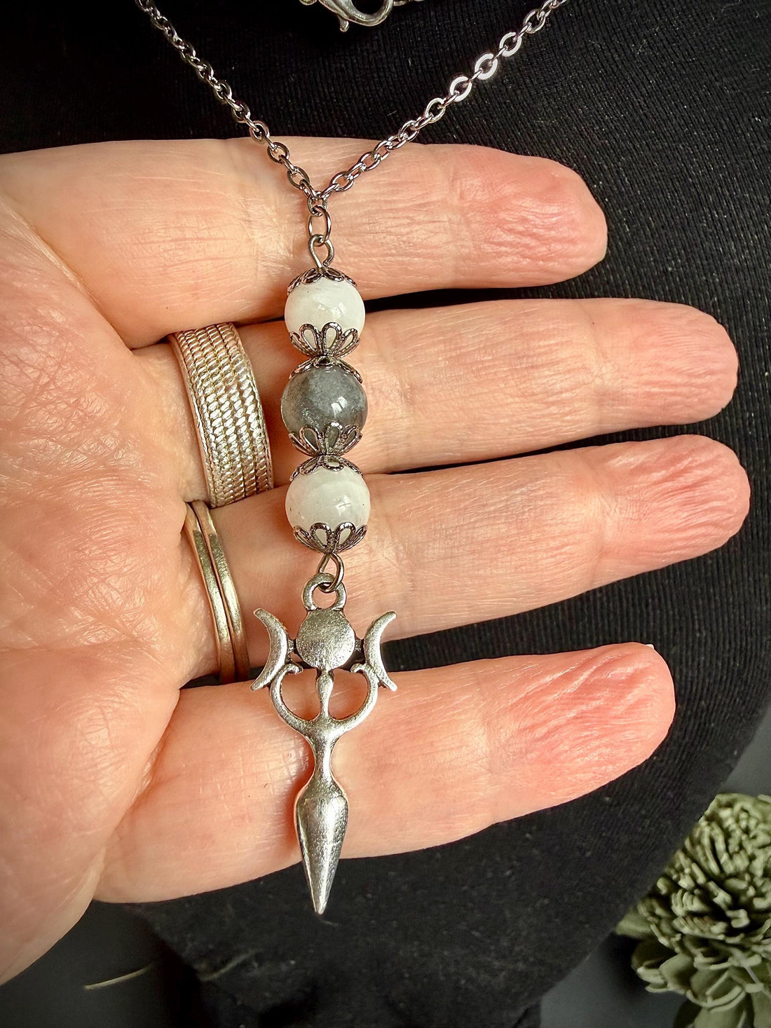 Triple Moon Goddess Pendant Necklace with Labradorite and Moonstone Beads.