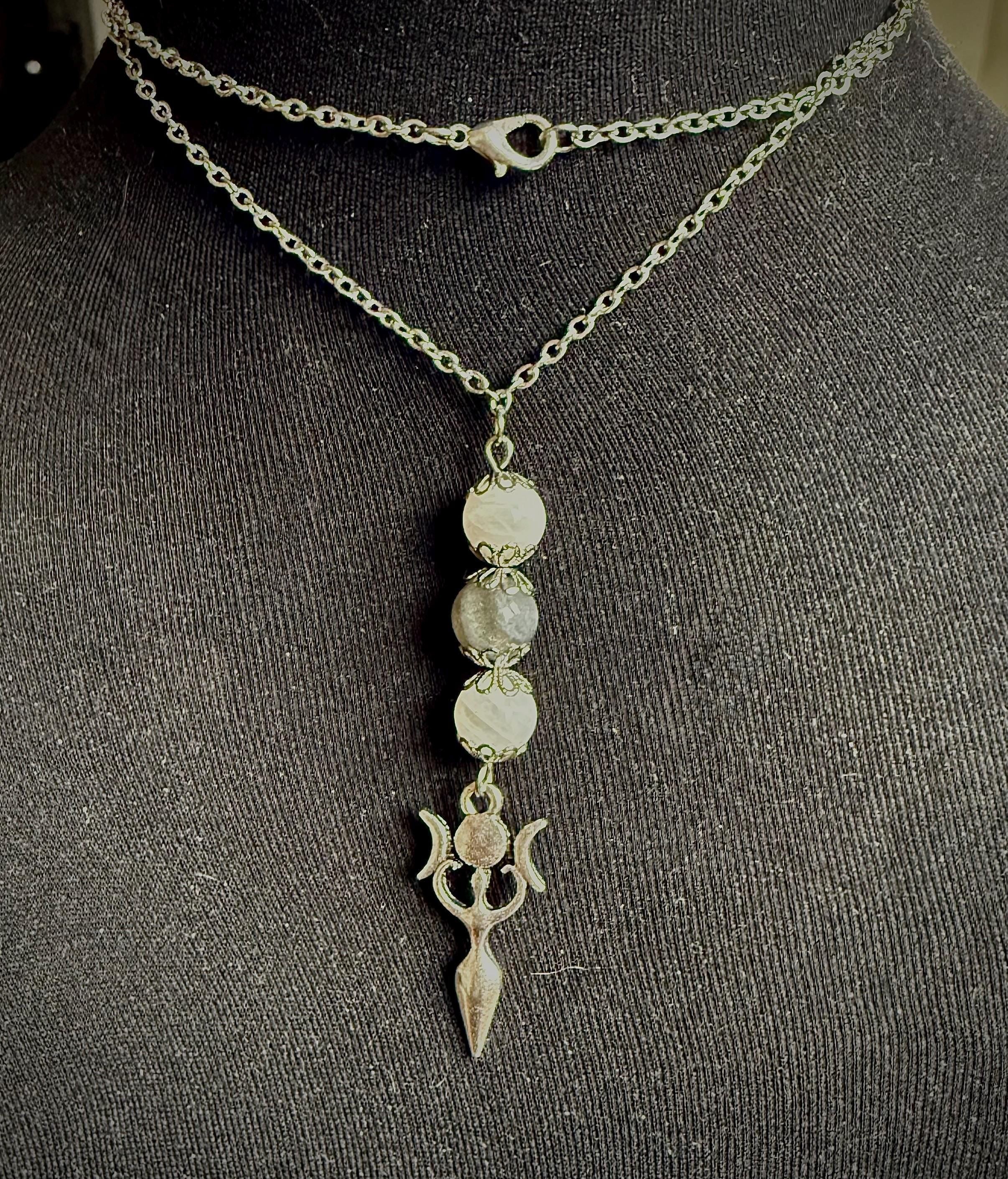 Triple Moon Goddess Pendant Necklace with Labradorite and Moonstone Beads.