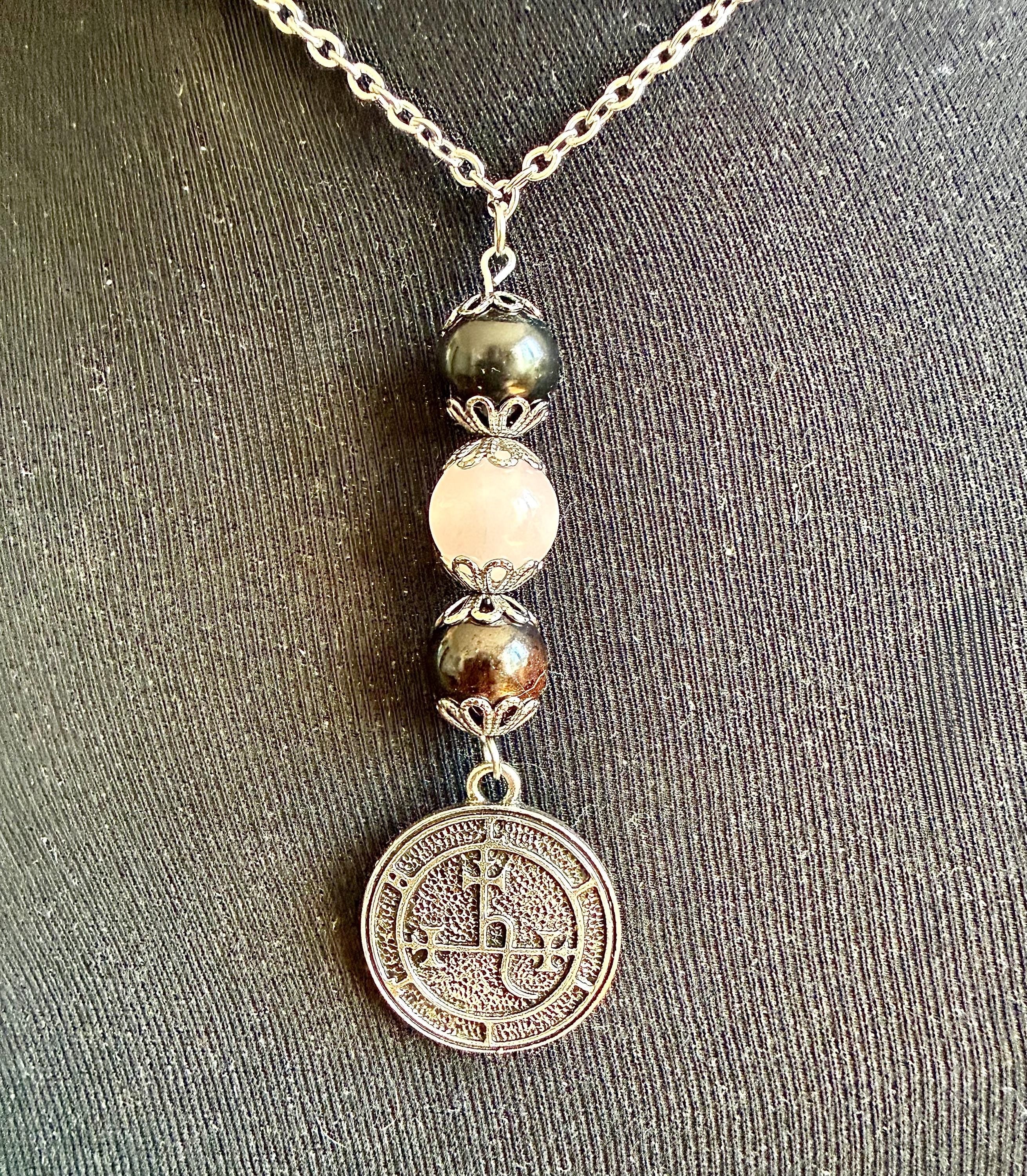 Lilith Sigil Necklace with Garnet, Rose Quartz, and Obsidian Beads.