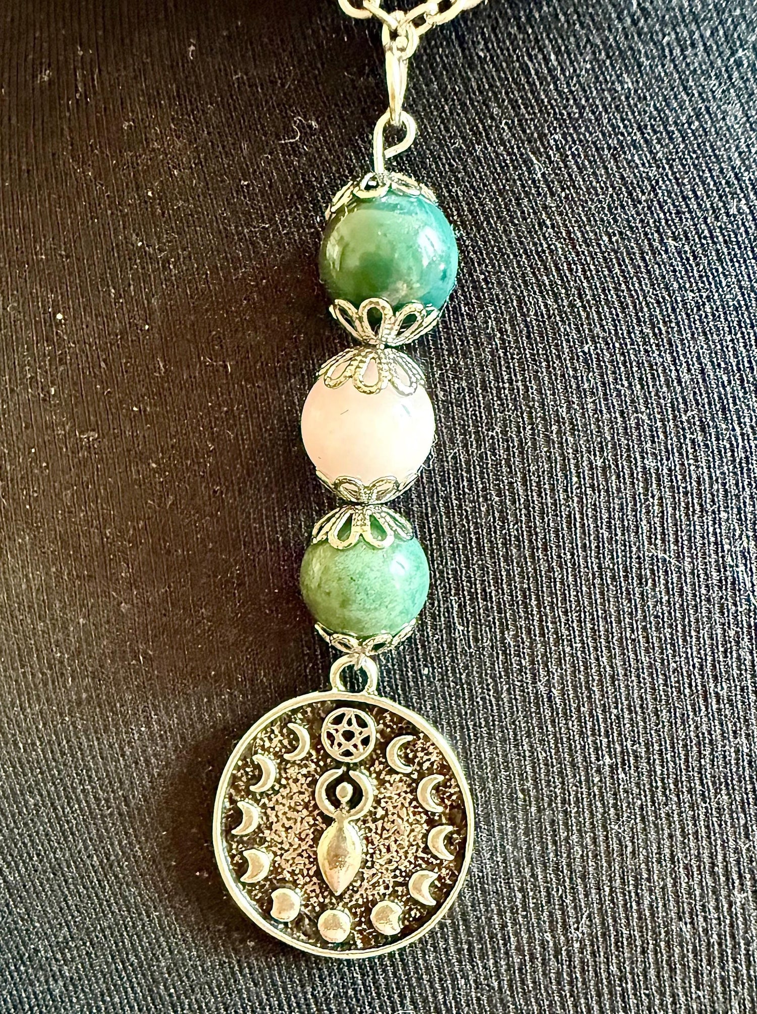 Ostara Goddess Pendant Necklace with Moss Agate and Rose Quartz Beads.