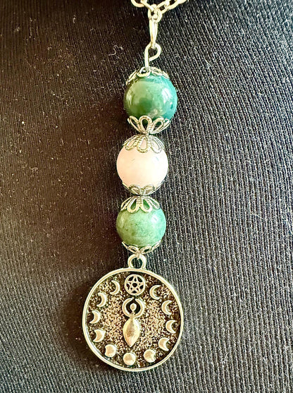 Ostara Goddess Pendant Necklace with Moss Agate and Rose Quartz Beads.