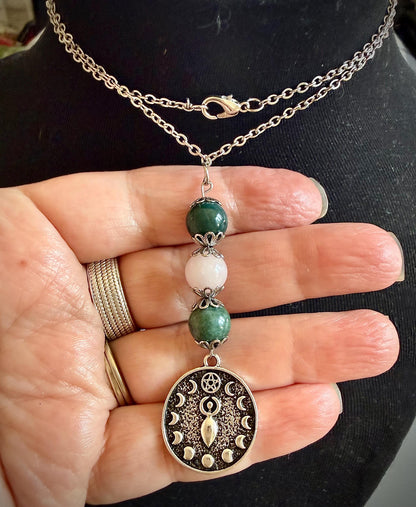 Ostara Goddess Pendant Necklace with Moss Agate and Rose Quartz Beads.