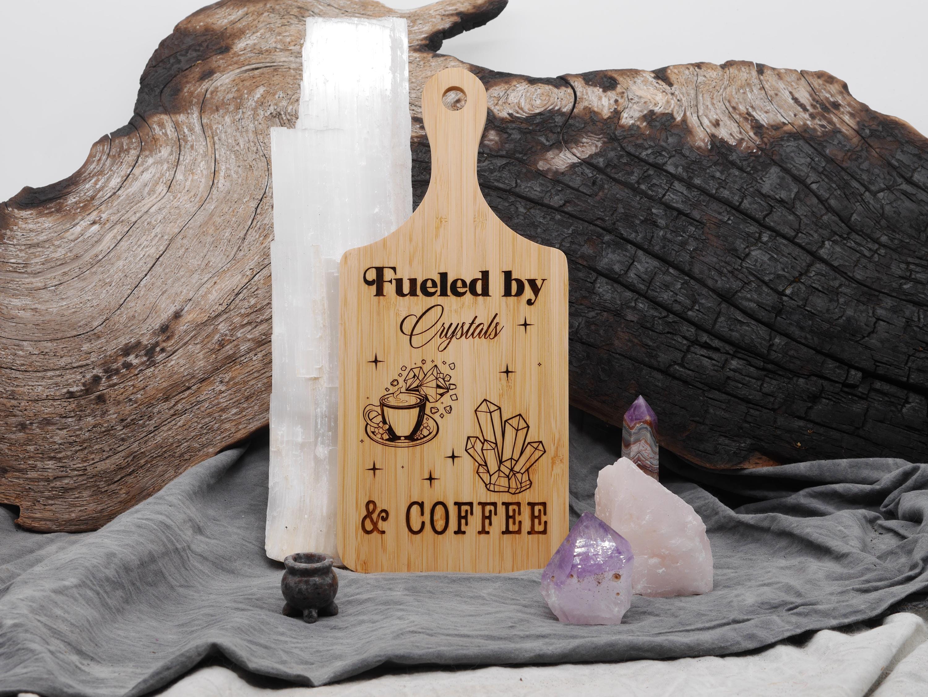Fueled by Crystals and Coffee - Small Bamboo Cutting Board - Witchy Decor