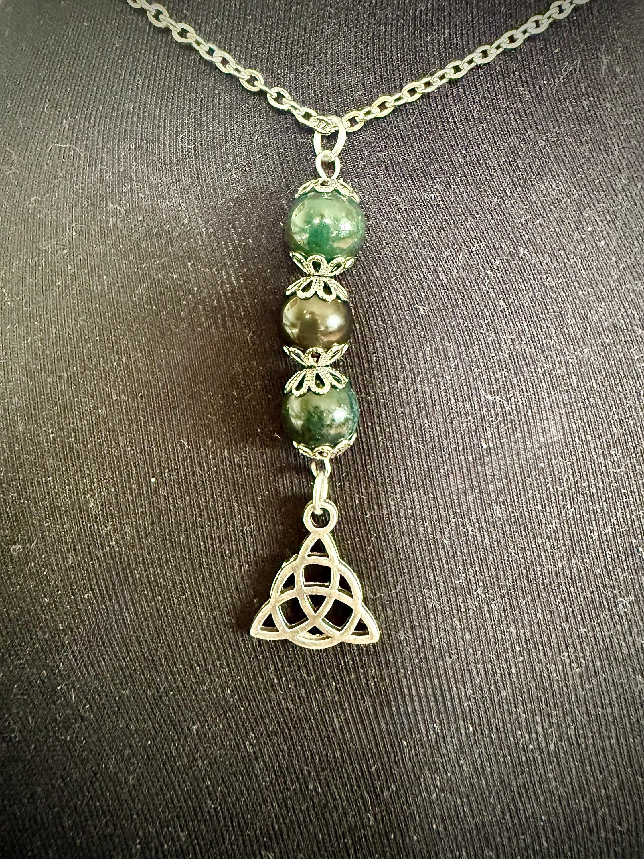 Celtic Triquetra Pendant Necklace with Moss Agate and Obsidian Beads.