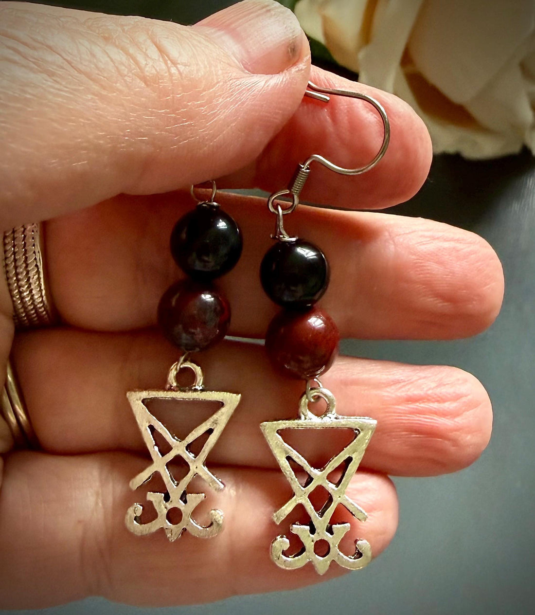 Lucifer Sigil  Earrings with Red Jasper and Obsidian.