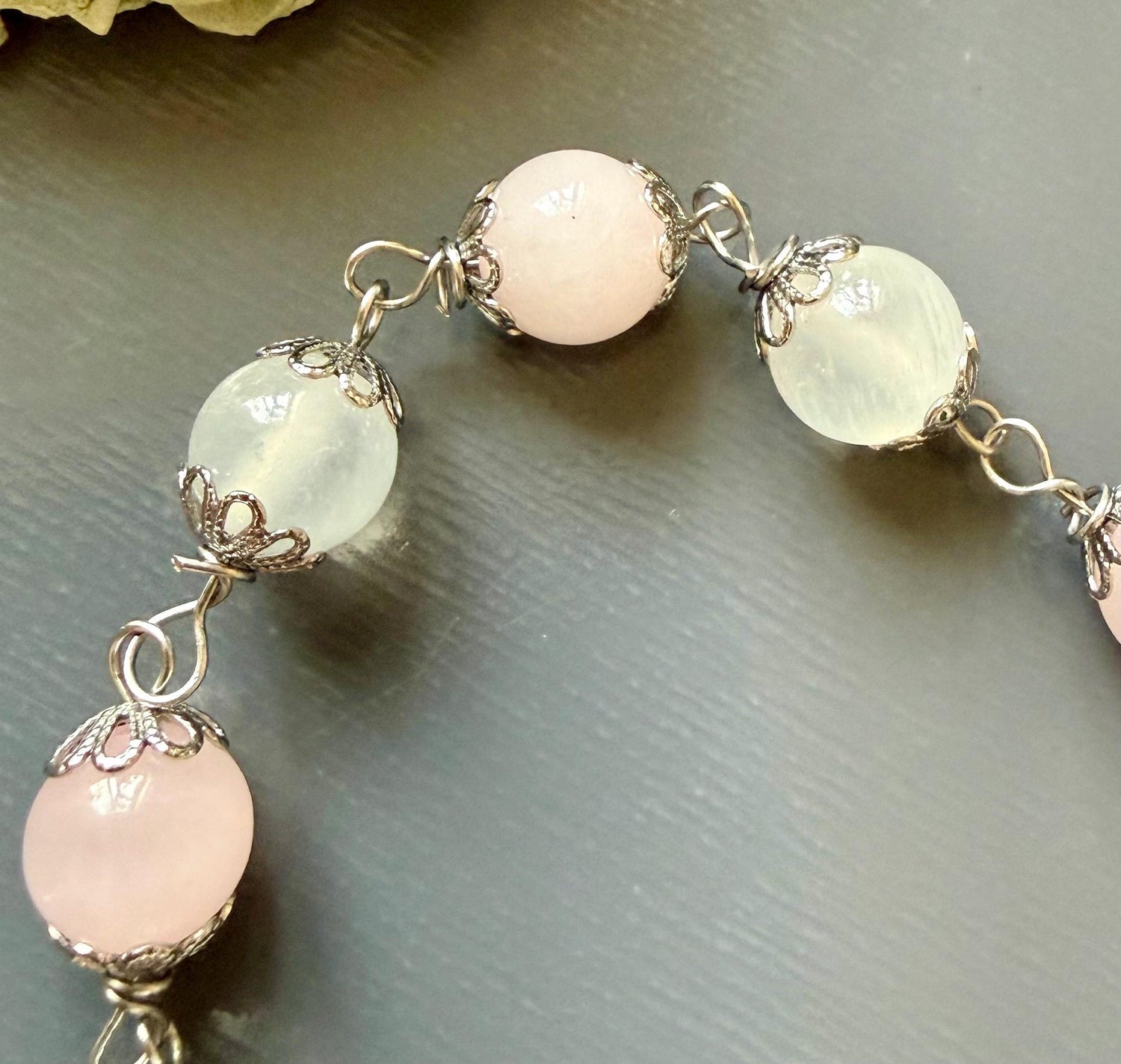 Goddess Selene Devotional Prayer Beads: Selenite, Rose Quartz, Triple Moon Goddess, and Pegasus Charms.