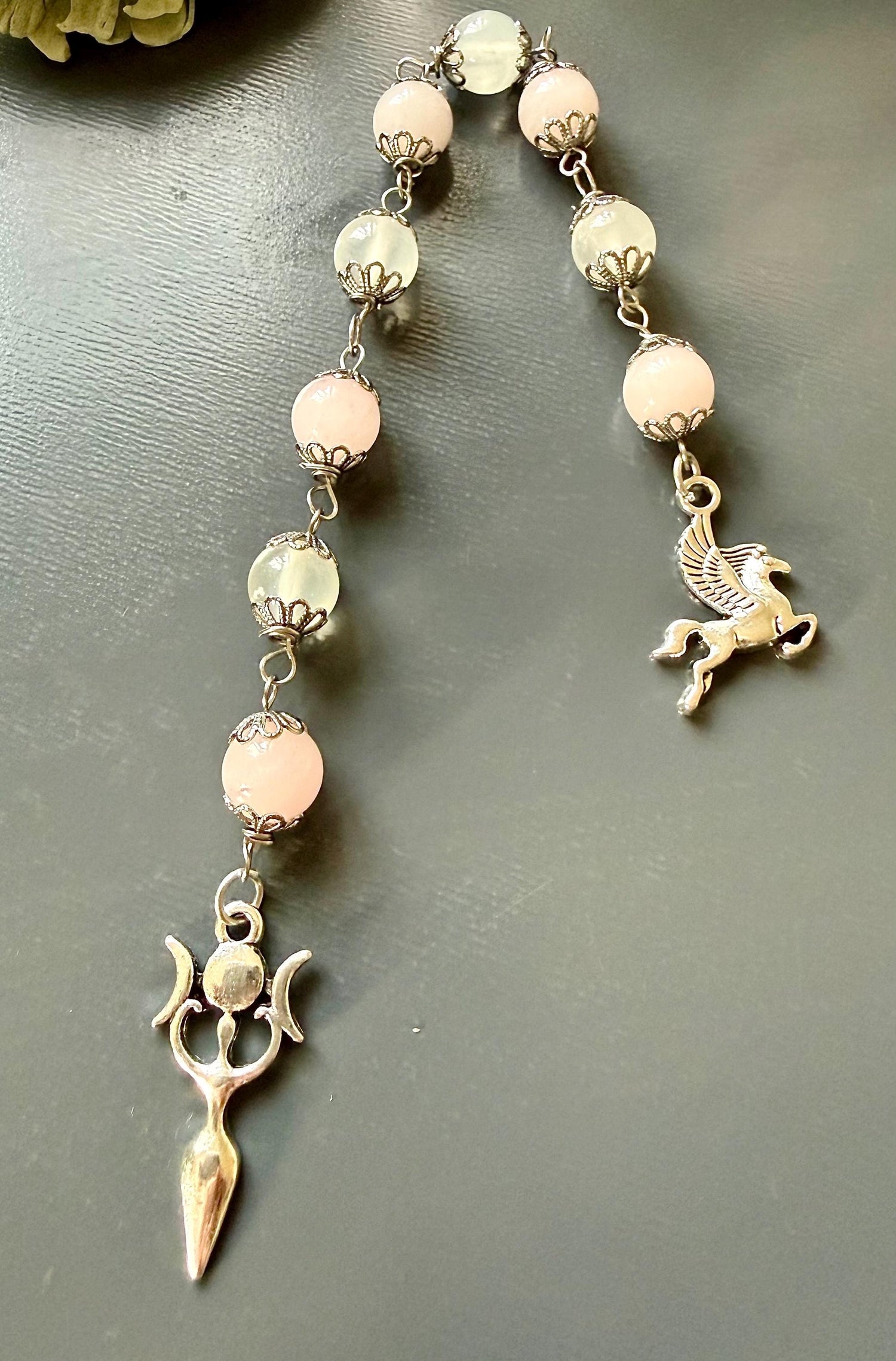 Goddess Selene Devotional Prayer Beads: Selenite, Rose Quartz, Triple Moon Goddess, and Pegasus Charms.