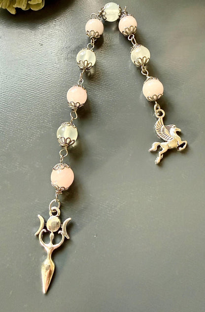 Goddess Selene Devotional Prayer Beads: Selenite, Rose Quartz, Triple Moon Goddess, and Pegasus Charms.