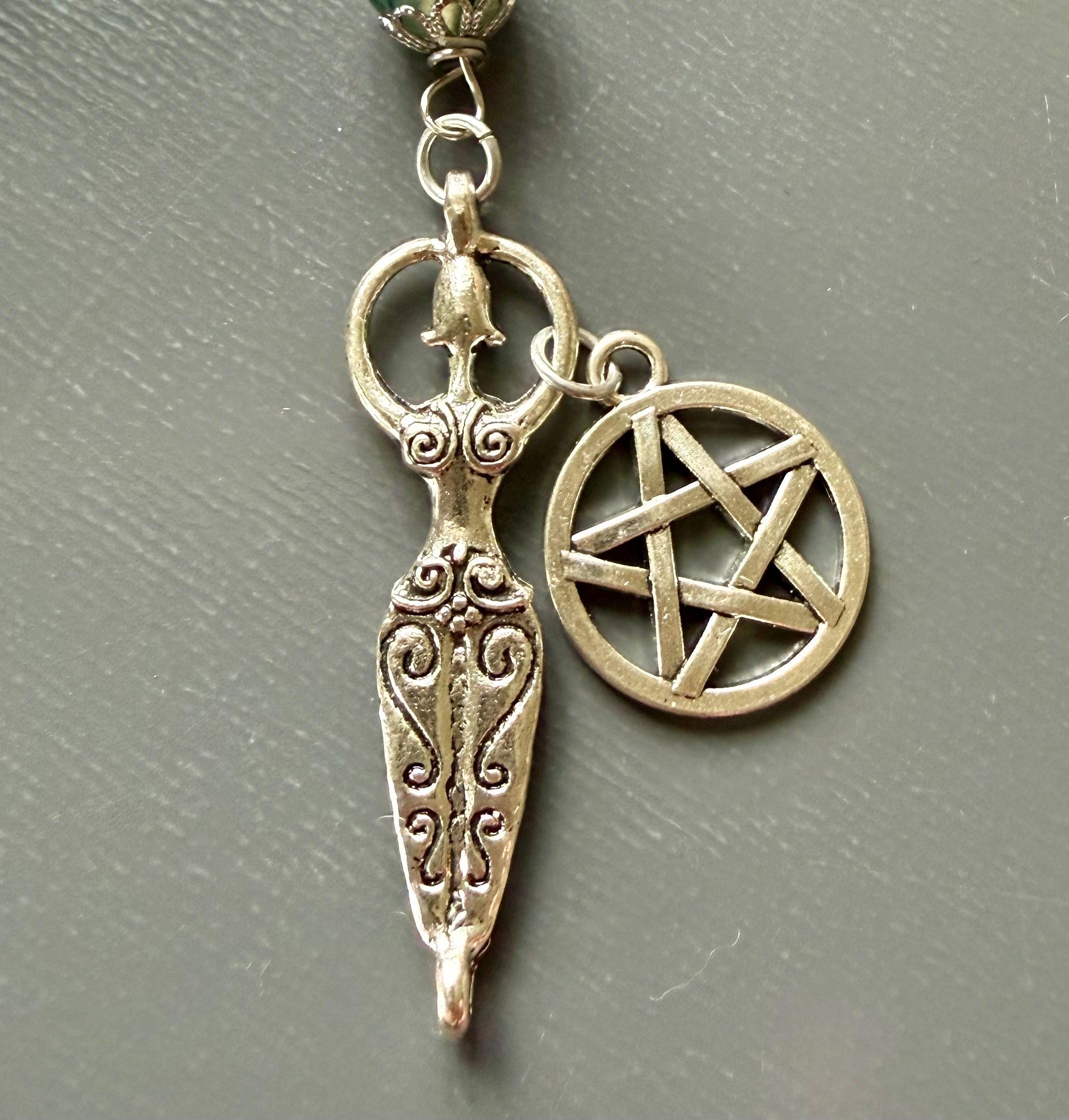 Witches Knot Moss Agate &amp; Obsidian Pagan Prayer Beads with Goddess and Pentacle Charms.