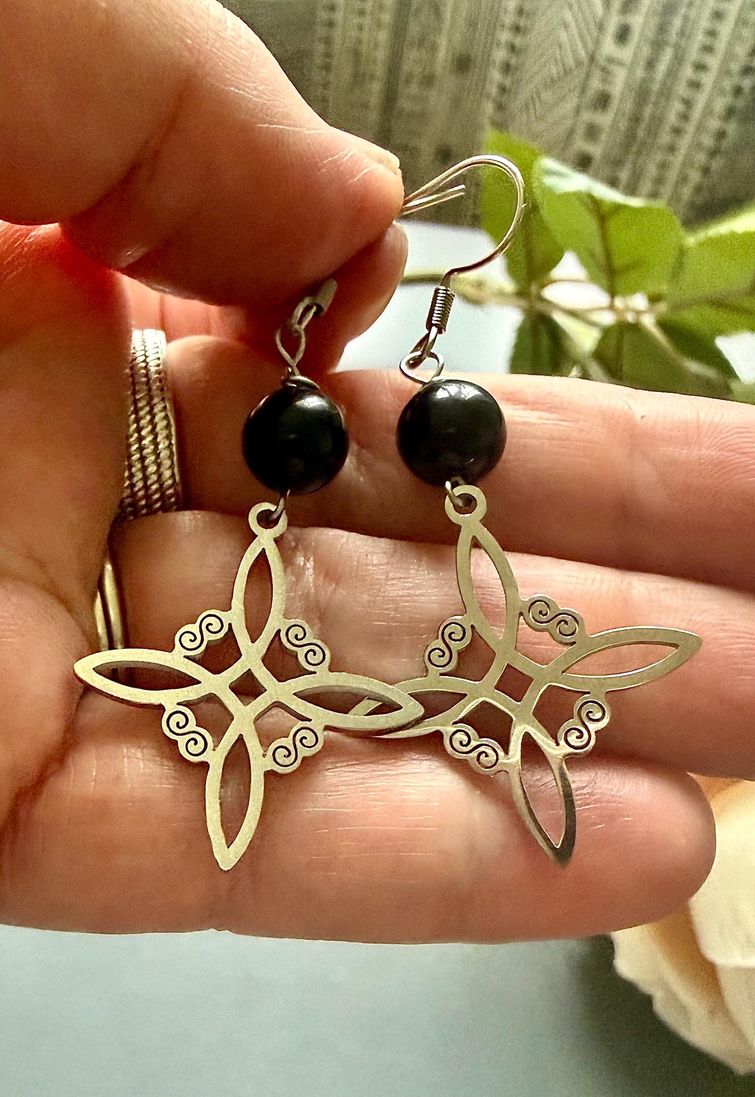 Witches Knot Earrings with Black Obsidian Beads.
