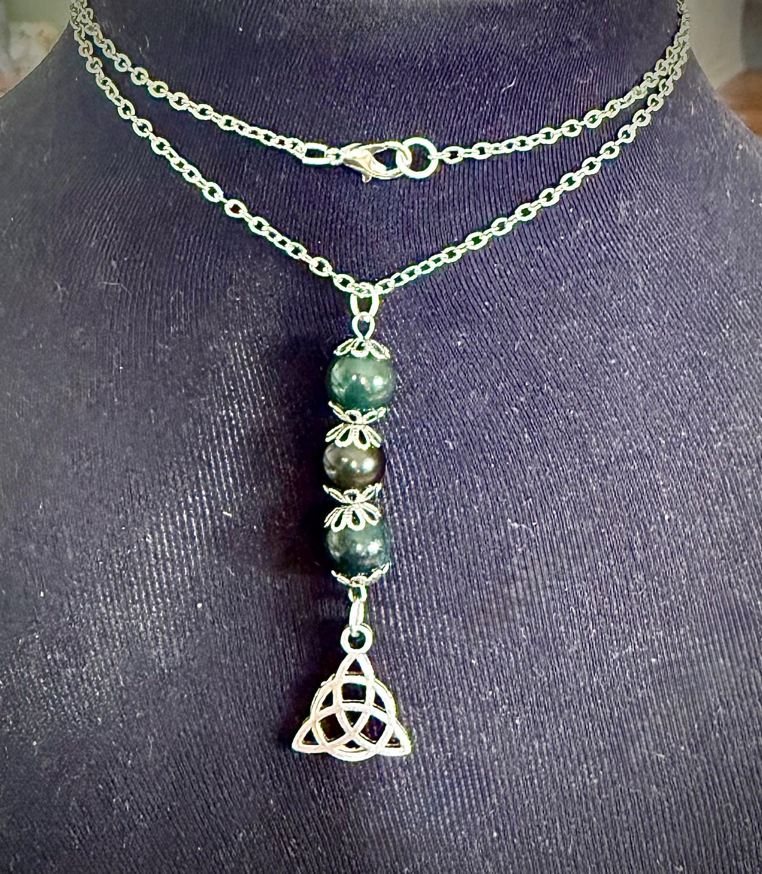 Celtic Triquetra Pendant Necklace with Moss Agate and Obsidian Beads.