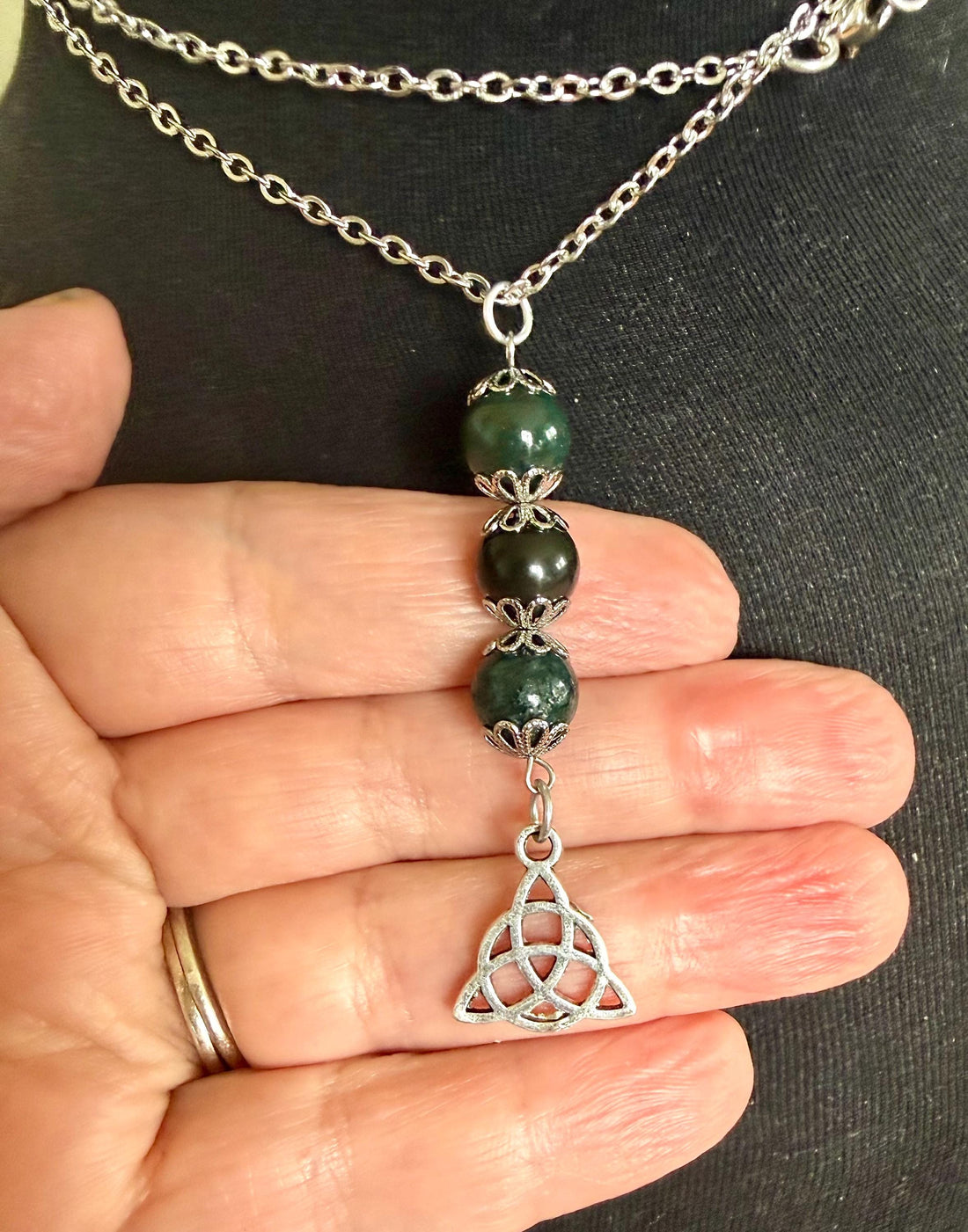 Celtic Triquetra Pendant Necklace with Moss Agate and Obsidian Beads.