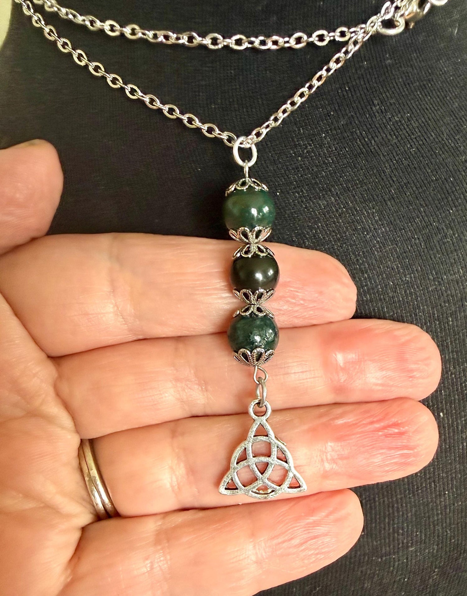 Celtic Triquetra Pendant Necklace with Moss Agate and Obsidian Beads.