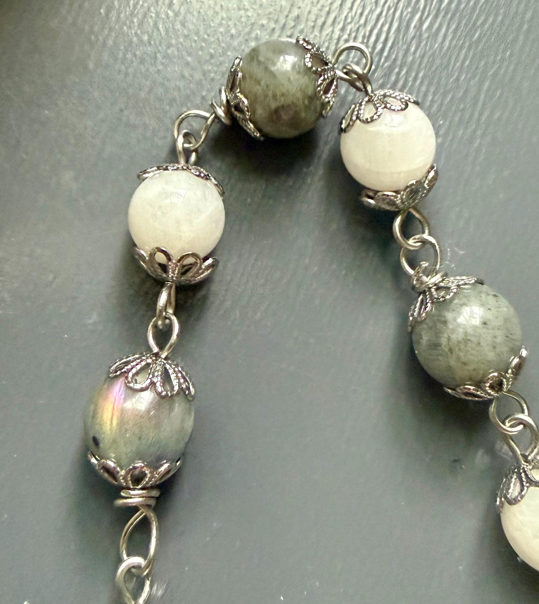 Labradorite Moonstone Pagan or Witchcraft Prayer Beads:  Witches Knot, Goddess, and Moon Charm.