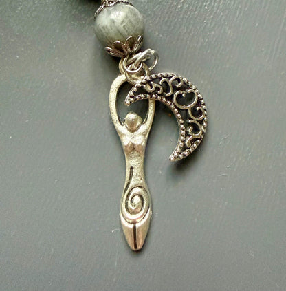 Labradorite Moonstone Pagan or Witchcraft Prayer Beads:  Witches Knot, Goddess, and Moon Charm.