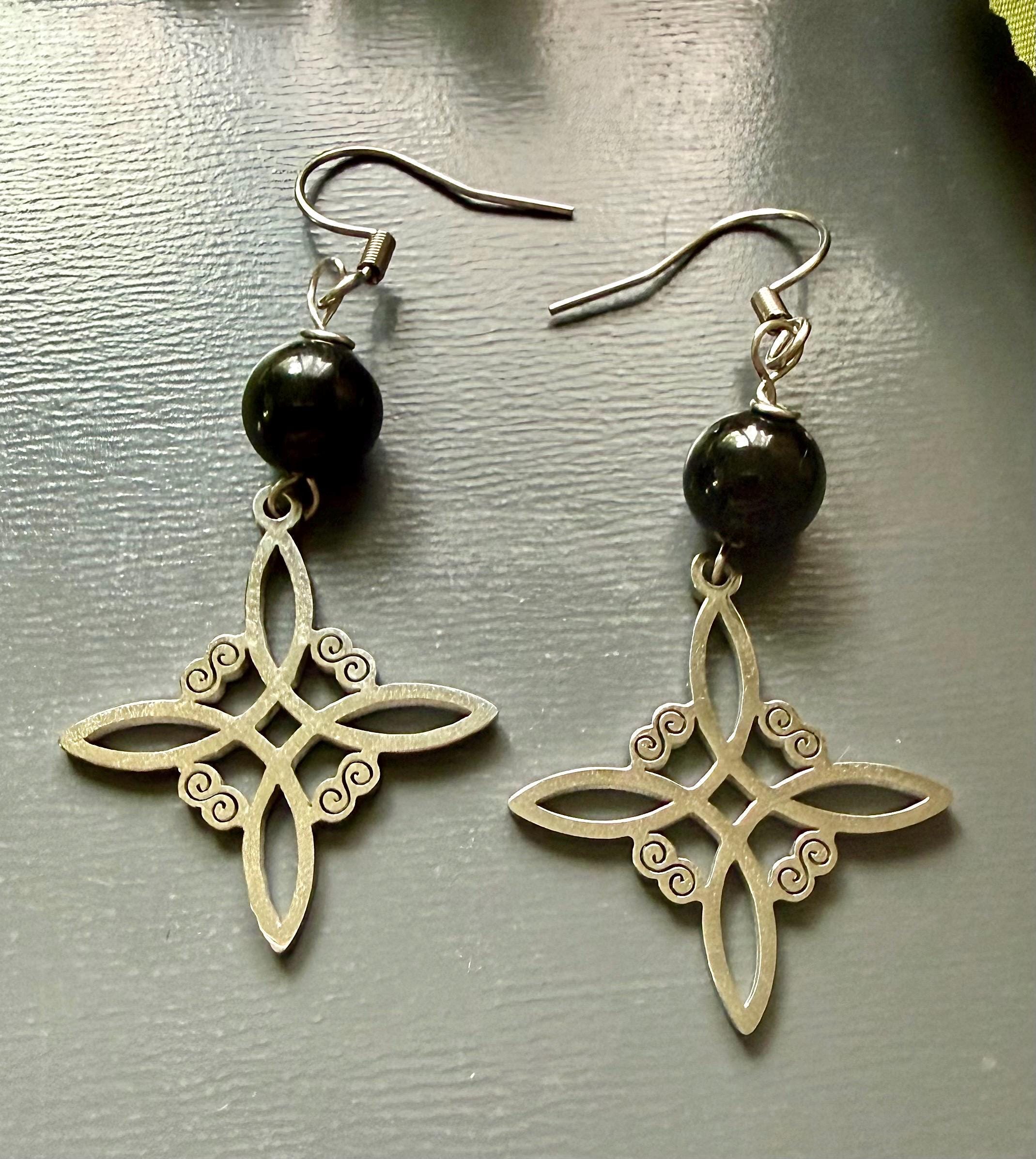 Witches Knot Earrings with Black Obsidian Beads.