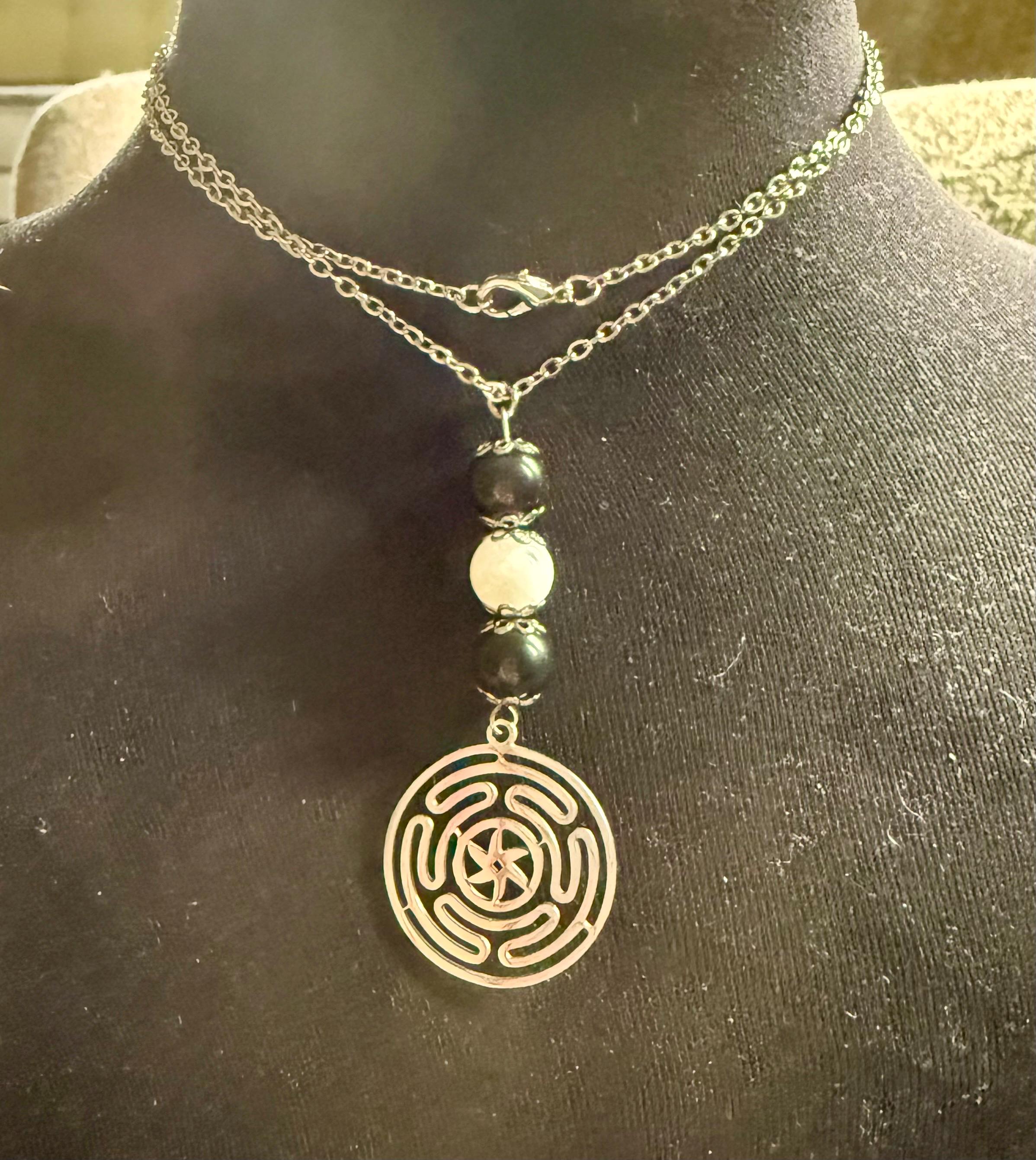 Goddess Hekate’s Wheel Pendant Necklace with Obsidian and Moonstone.