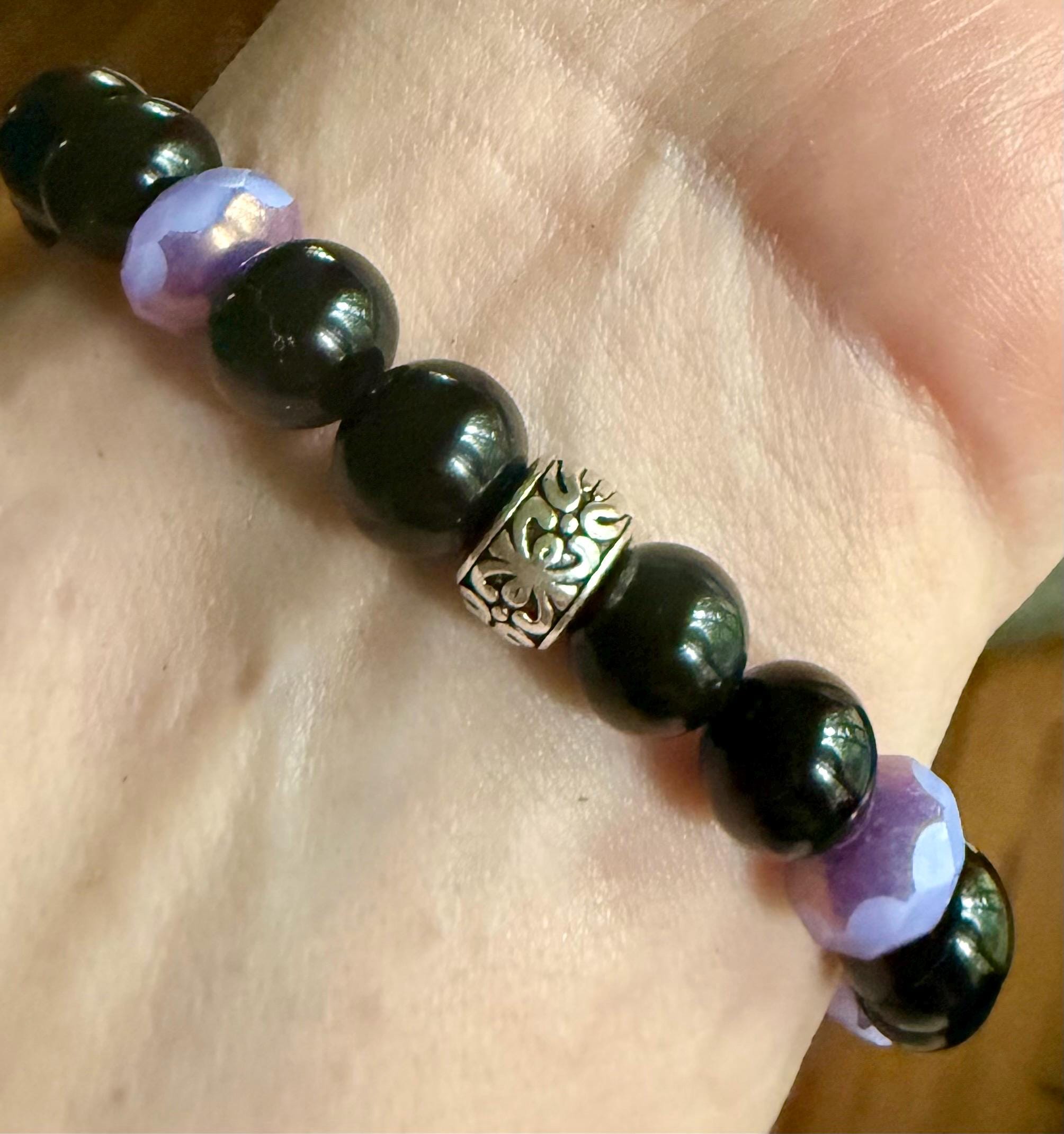 Hekate Bracelet with Black Obsidian Gemstones and Purple Iridescent Glass Beads.