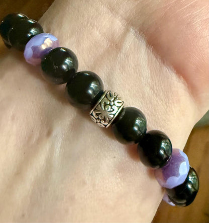 Hekate Bracelet with Black Obsidian Gemstones and Purple Iridescent Glass Beads.