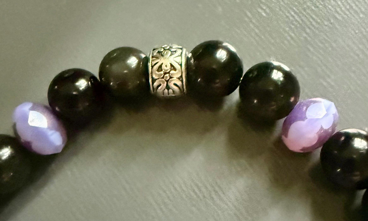 Hekate Bracelet with Black Obsidian Gemstones and Purple Iridescent Glass Beads.