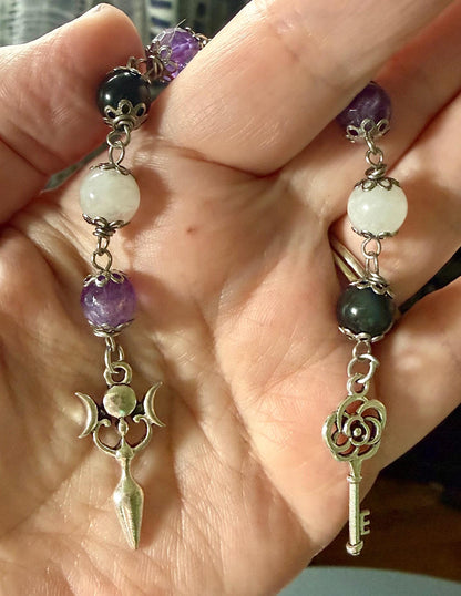 Hekate Prayer Beads: Amethyst, Obsidian, Moonstone, Triple Moon Goddess, Key Charm