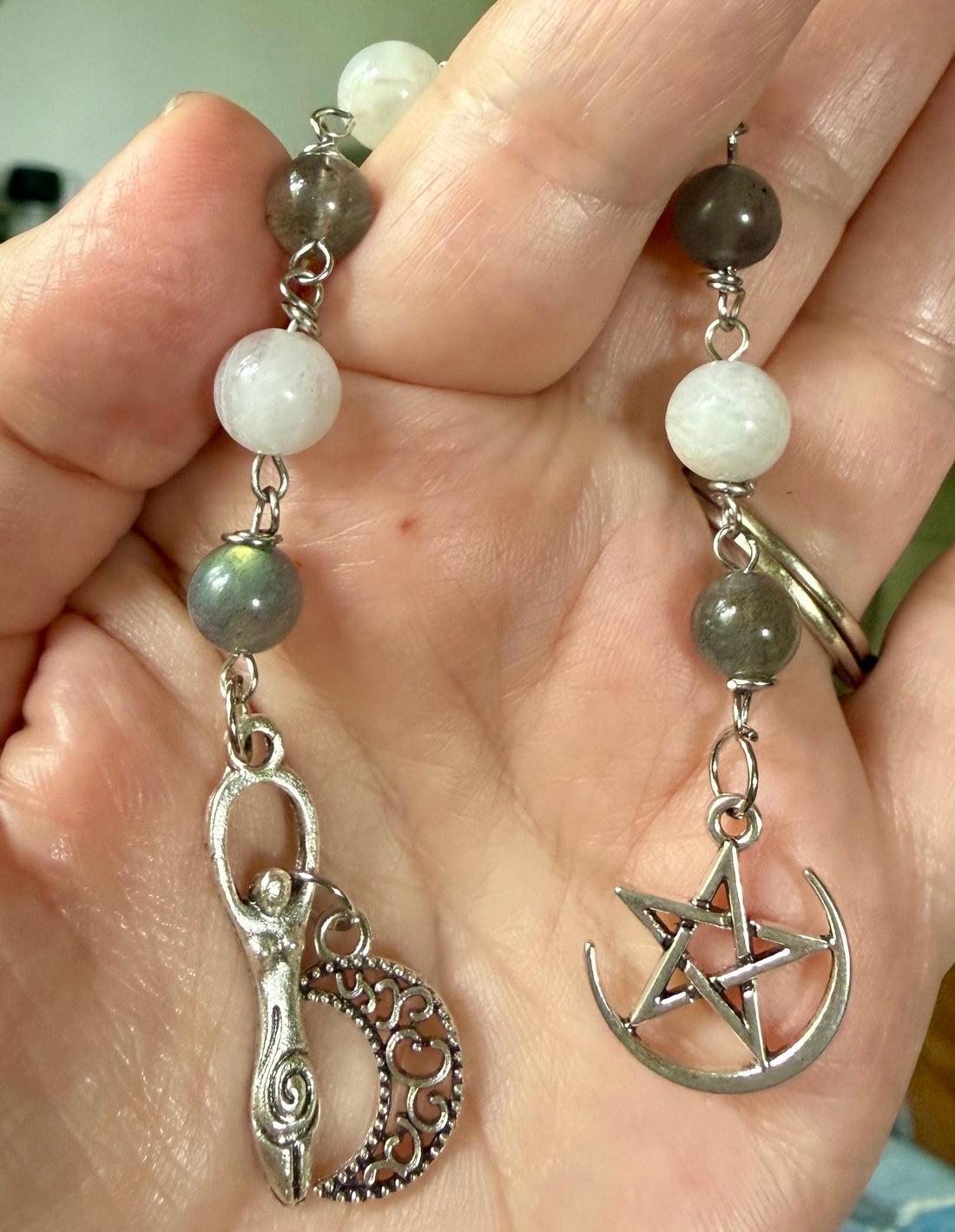 Labradorite Moonstone Pagan or Witchcraft Prayer Beads:  Pentacle,  Goddess, and Moon Charm.