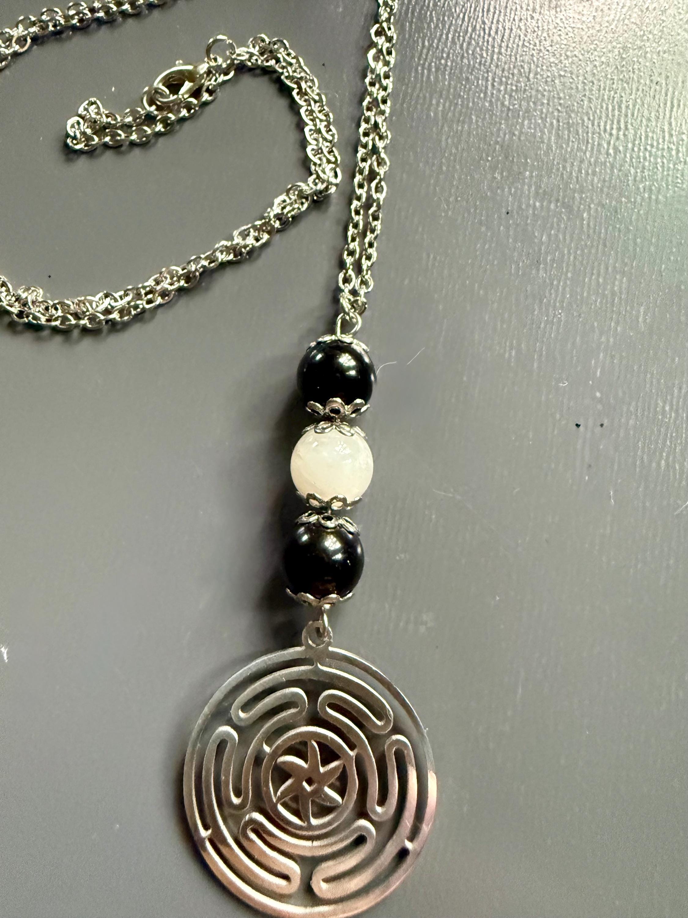 Goddess Hekate’s Wheel Pendant Necklace with Obsidian and Moonstone.