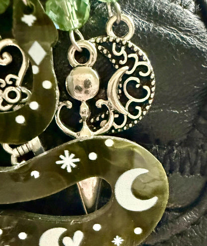 Snake Talisman Keychain Purse Charm with Iridescent Glass Beads, Pentacle, Key, Moon, and Goddess Charm.