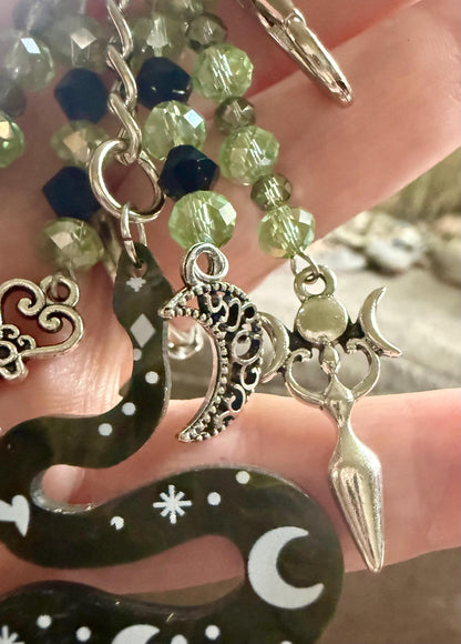 Snake Talisman Keychain Purse Charm with Iridescent Glass Beads, Pentacle, Key, Moon, and Goddess Charm.