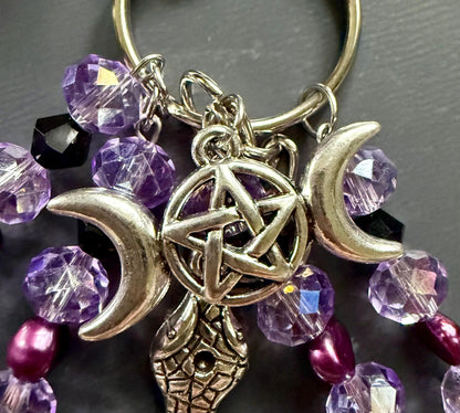 Hekate’s Wheel Talisman Key Chain Beaded Purse Charm with Goddess, Moon, Snake, and Key.