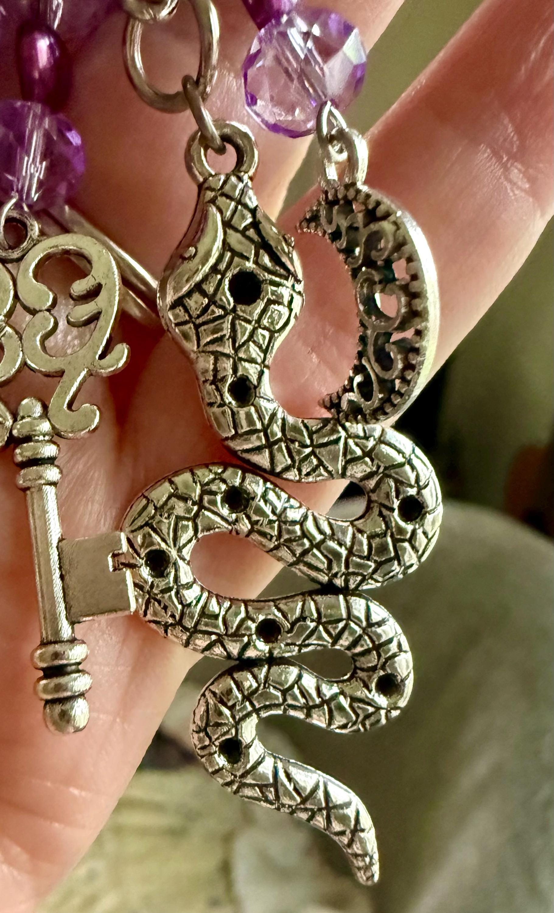 Hekate’s Wheel Talisman Key Chain Beaded Purse Charm with Goddess, Moon, Snake, and Key.