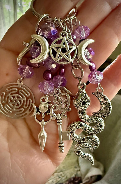 Hekate’s Wheel Talisman Key Chain Beaded Purse Charm with Goddess, Moon, Snake, and Key.