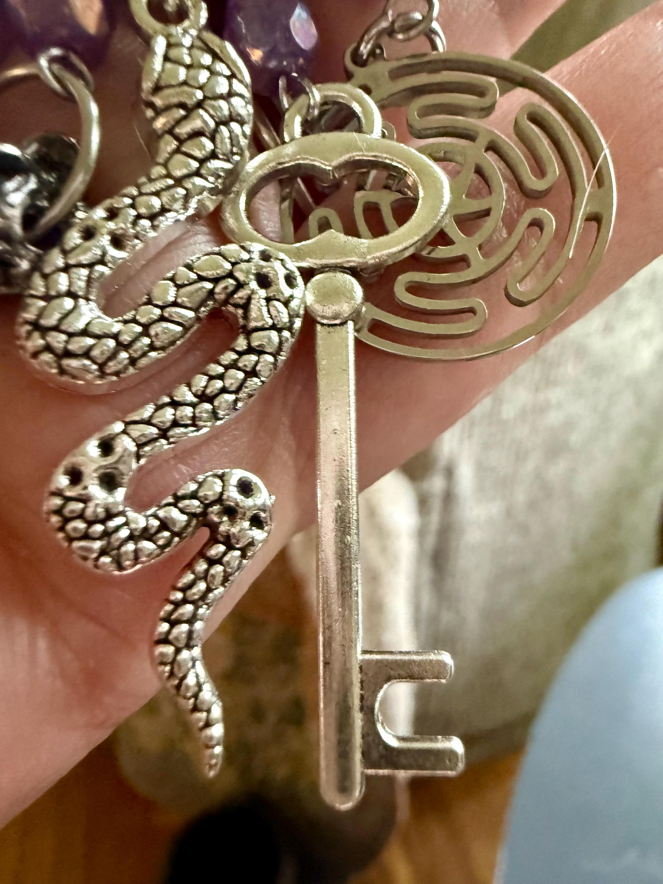 Hekate Talisman Key Chain Beaded Purse Charm with Goddess, Wolf, Snake and Key.