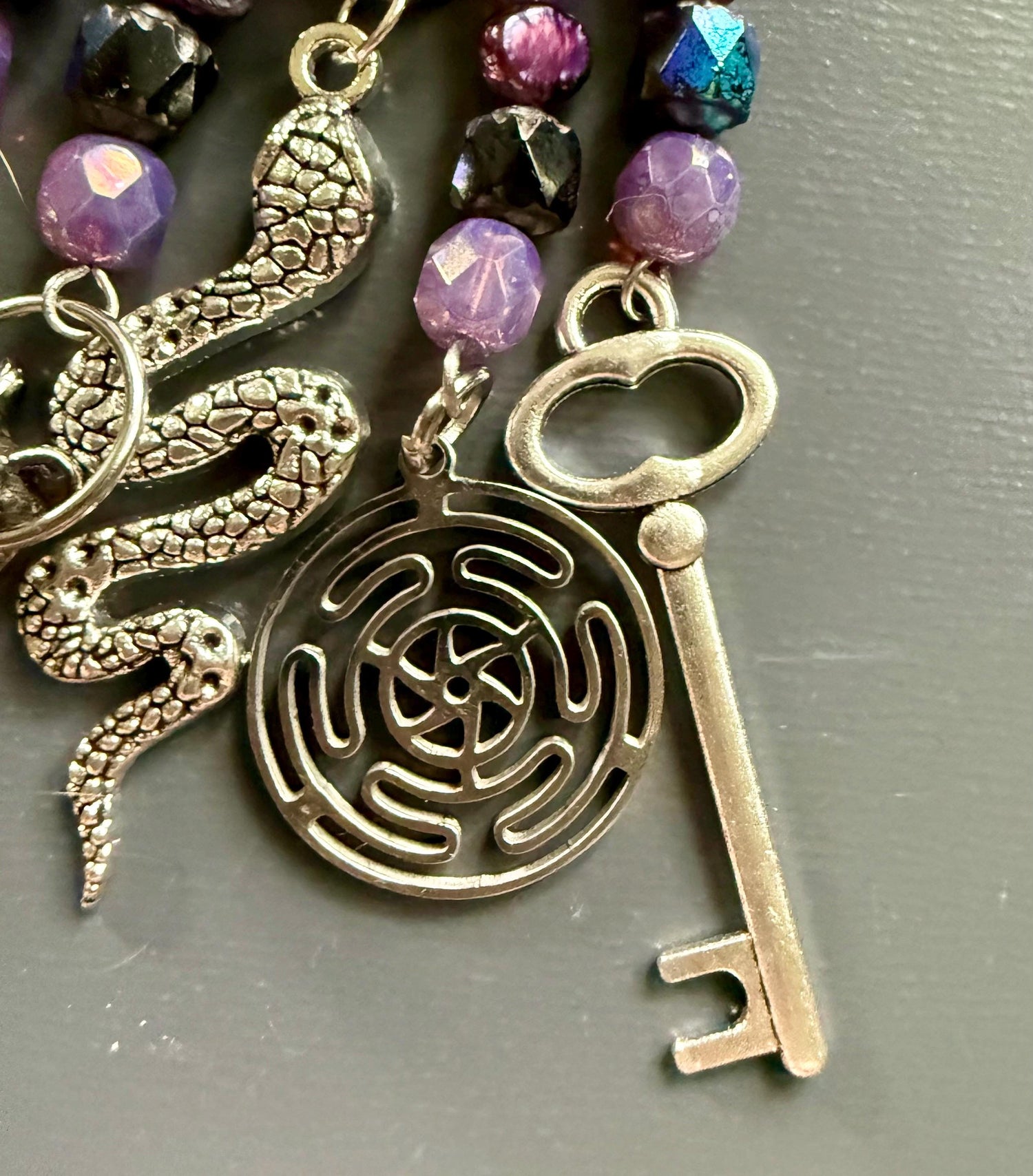 Hekate Talisman Key Chain Beaded Purse Charm with Goddess, Wolf, Snake and Key.